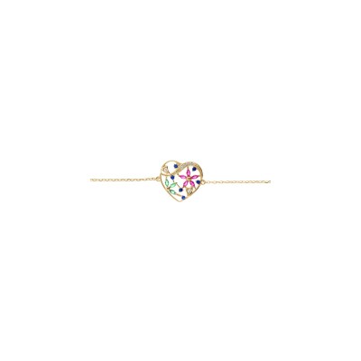 Bracelet plaqué or coeur avec fleurs oxydes multi couleurs 16+3cm