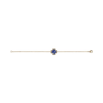 Bracelet plaqué or trèfle pierres synthétique bleues entourage oxydes blancs sertis 16+2cm