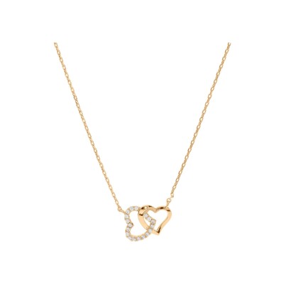 Collier plaqué or double coeur entrelacé oxydes blancs sertis 42+3cm