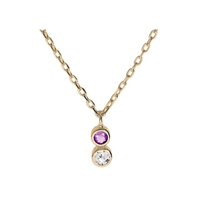 Collier plaqué or pendentif 2 oxydes violet et blanc serti 42+3cm