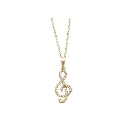 Collier plaqué or pendentif clef de sol oxydes blancs sertis 40+4cm