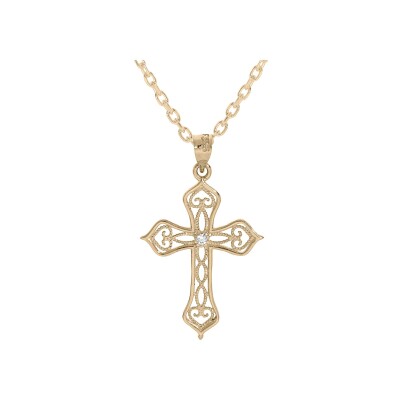 Collier plaqué or pendentif croix filigrane oxyde blanc 40+5cm