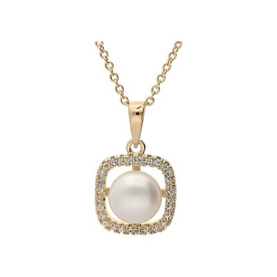 Collier plaqué or pendentif carré oxydes blancs avec perle de culture d'eau douce blanche 40+4cm