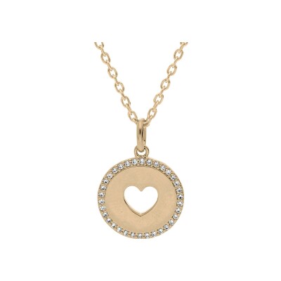 Collier plaqué or pendentif rond motif coeur ajourée contour oxydes blancs 40+4cm