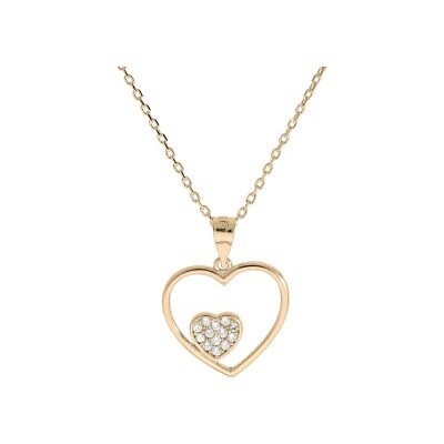 Collier plaqué or pendentif coeur evidé petit coeur oxydes blancs sertis 40+5cm