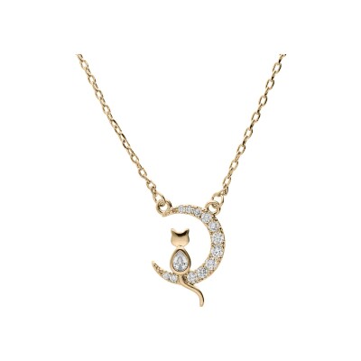 Collier plaqué or pendentif lune 10mm avec chat oxydes blancs sertis 40+4,5cm