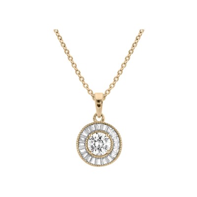 Collier plaqué or pendentif rond oxydes blancs sertis 40+5cm