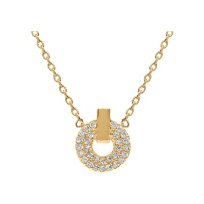 Collier plaqué or pendentif rond oxydes blancs sertis 38+4cm