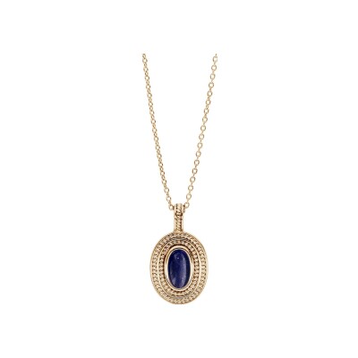Collier plaqué or pendentif ovale pierre cabochon lapis lazuli véritable 40+4cm