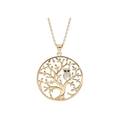 Collier plaqué or arbre de vie avec hibou - chouette empierré 40+5cm