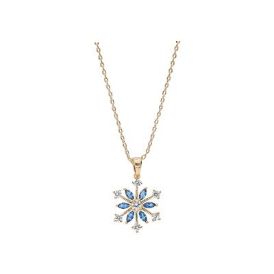 Collier plaqué or pendentif flocon de neige oxydes blancs sertis et navettes bleues 40+5cm