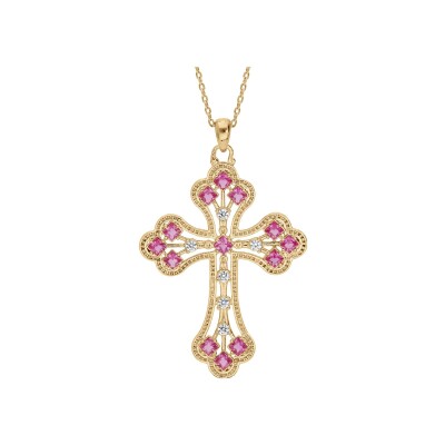 Collier plaqué or pendentif croix empierre rose 40+5cm