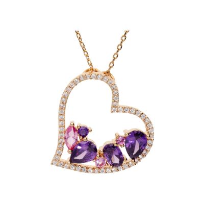 Collier plaqué or pendentif coeur oxydes violets et roses contour oxydes blancs 40+5cm