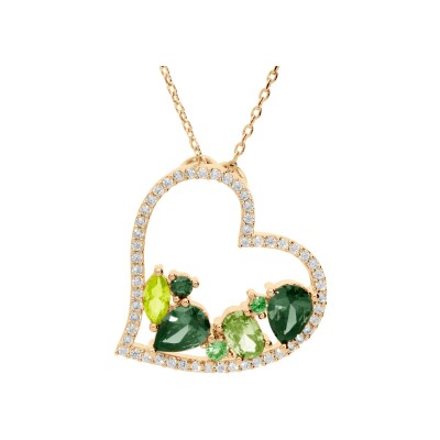 Collier plaqué or pendentif coeur oxydes verts contour oxydes blancs 40+5cm