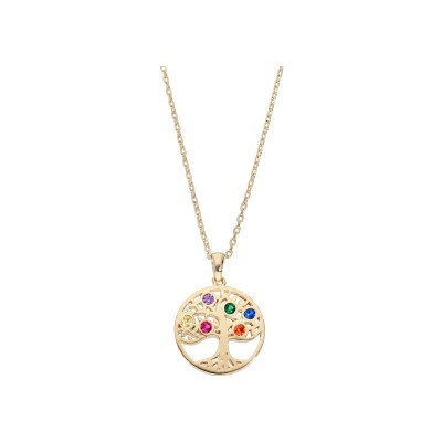 Collier plaqué or pendentif rond arbre de vie empierré multicolore 40+5cm