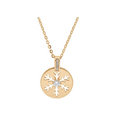 Collier plaqué or pendentif oxyde rondelle flocon de neige ajouré 39+4cm