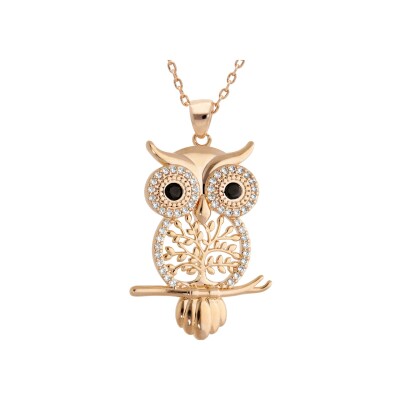 Collier plaqué or hibou - chouette arbre de vie et oxydes sertis blancs et yeux noirs 39+4cm
