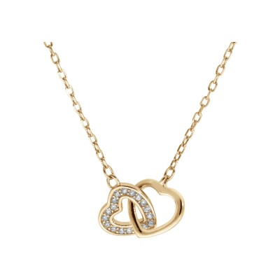 Collier plaqué or 2 coeurs entrelacés 1 lisse et 1 avec oxydes blancs sertis 40+5cm