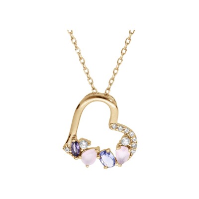 Collier plaqué or pendentif coeur oxydes blancs et pastels 40+5cm