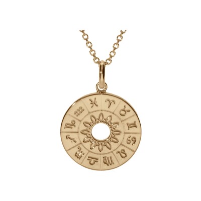 Collier plaqué or disque evidée calendrier astrologie et soleil 42+3cm