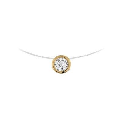 Collier plaqué or câble fil nylon pendentif rond serti pierre blanche synthétique 39cm