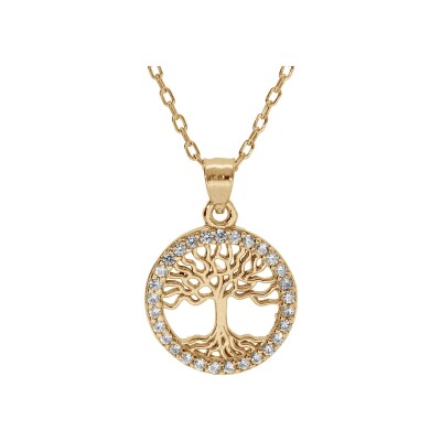 Collier plaqué or pendentif arbre de vie contour oxydes blancs sertis 40+5cm