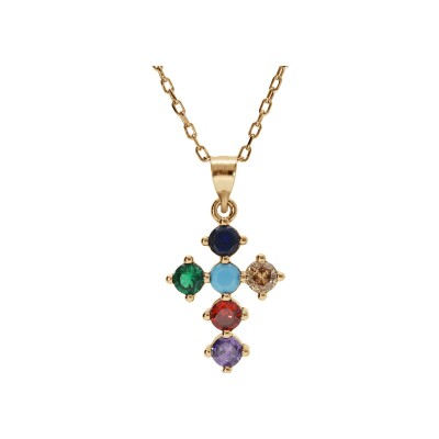 Collier plaqué or pendentif croix 15x10mm oxydes multi couleurs sertis 40+5cm