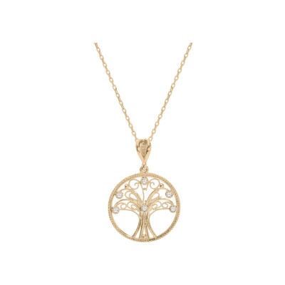 Collier plaqué or pendentif arbre de vie filigrane et oxydes blancs sertis 40+5cm