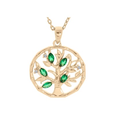 Collier plaqué or pendentif arbre de vie oxydes verts 40+4cm