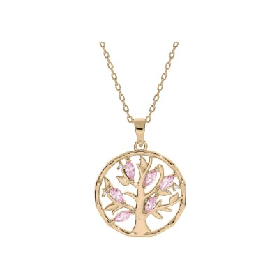 Collier plaqué or pendentif arbre de vie oxydes roses 40+4cm