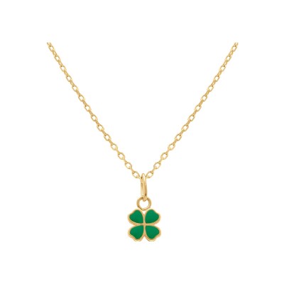 Collier plaqué or pendentif trèfle résine verte 35+2cm