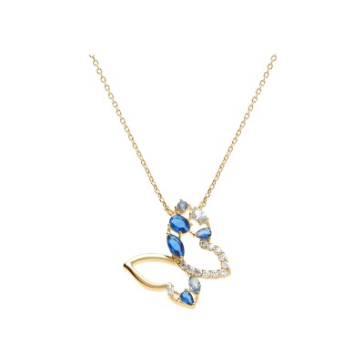 Collier plaqué or papillon ajouré oxydes bleus et blancs 40+5cm