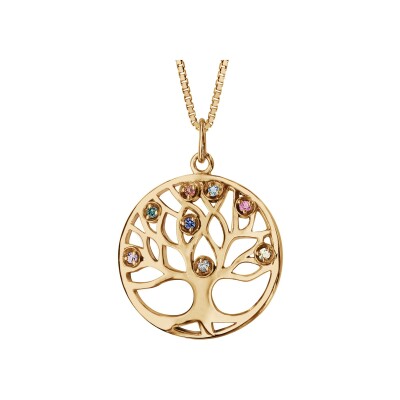 Collier plaqué or pendentif rond arbre de vie pierres synthétique multi couleurs 42+3cm