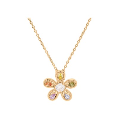 Collier plaqué or pendentif fleur oxydes multi couleur 38,5+4cm