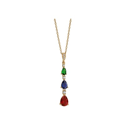 Collier plaqué or pendentif 3 pierres multicolores et 3 oxydes blancs sertis 42+3cm