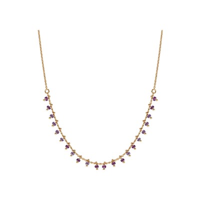 Collier plaqué or pampilles boules violettes 42cm