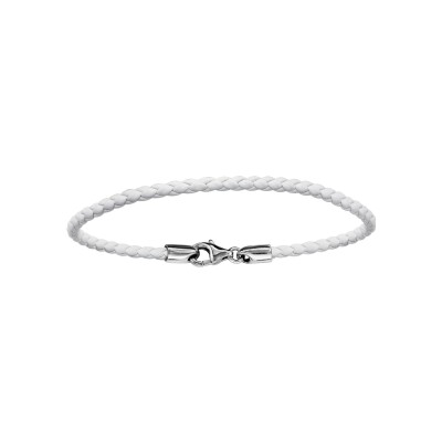 Bracelet argent rhodié et cuir tresse bovin blanc 17,5cm