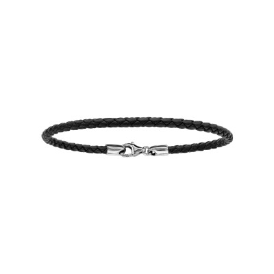 Bracelet argent rhodié et cuir tresse bovin noir 19,5cm