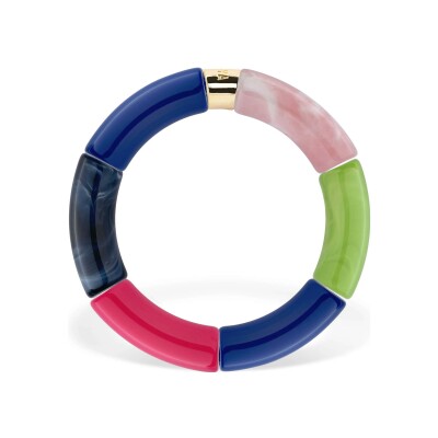 Bracelet Pipoca Amazonia 1 en acrylique, résine et acier doré, bleu vert rose