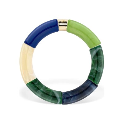Bracelet Pipoca Amazonia 2 en acrylique, résine et acier doré, bleu vert rose