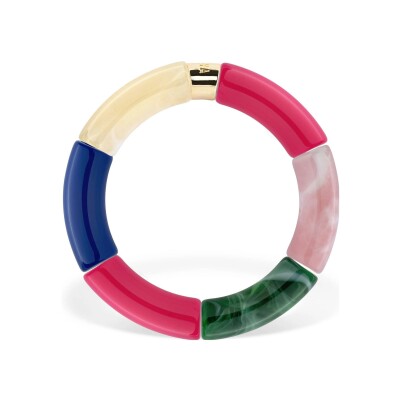 Bracelet Pipoca Amazonia 3 en acrylique, résine et acier doré, bleu vert rose