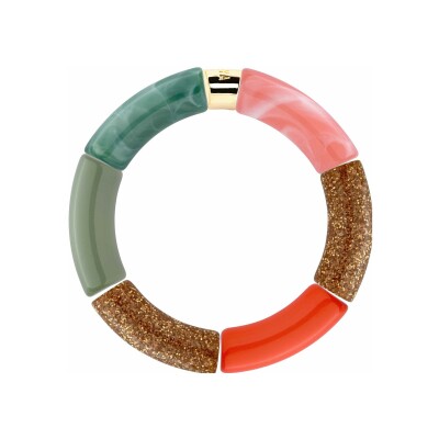 Bracelet Pipoca Beijo Ouro 1 en acrylique, résine et acier doré, orange rose vert