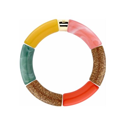 Bracelet Pipoca Beijo Ouro 2 en acrylique, résine et acier doré, orange rose vert