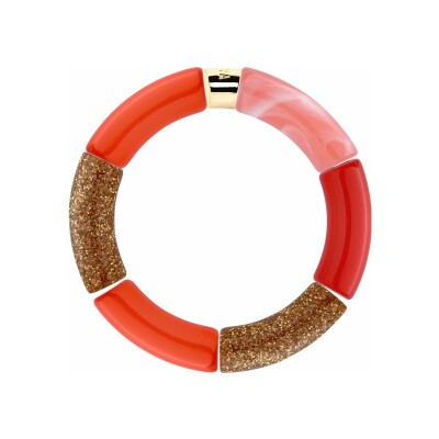Bracelet Pipoca Beijo Ouro 3 en acrylique, résine et acier doré, orange rose vert