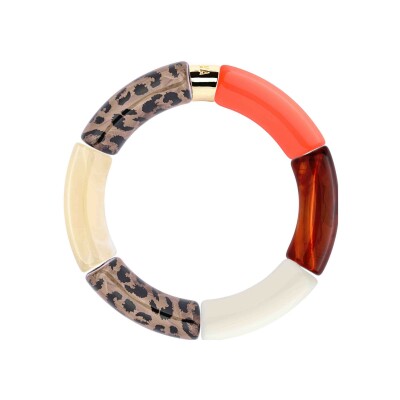 Bracelet Pipoca Maraca 3 en acrylique, résine et acier doré, orange leopard