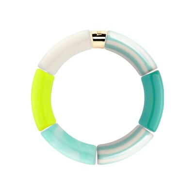 Bracelet Pipoca Surf 2 en acrylique, résine et acier doré, jaune vert gris