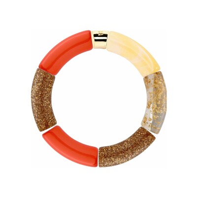 Bracelet Pipoca Tangerina Ouro 2 en acrylique, résine et acier doré, orange dore