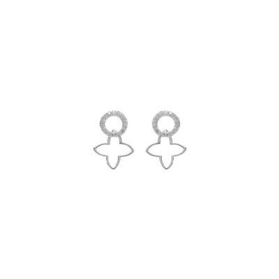 Boucles d'oreilles tige argent rhodié pendante fleur découpée lisse et cercle oxydes blancs sertis