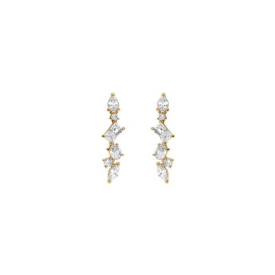 Boucles d'oreilles tige argent doré pendante 4 oxydes blancs sertis