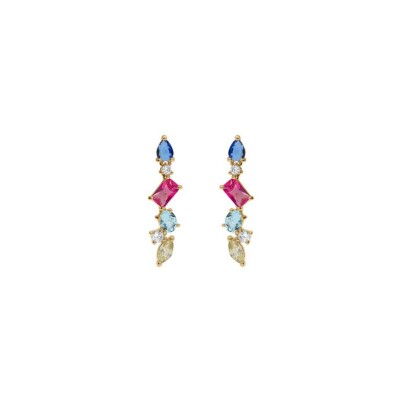 Boucles d'oreilles tige argent doré pendante 4 oxydes multi couleurs